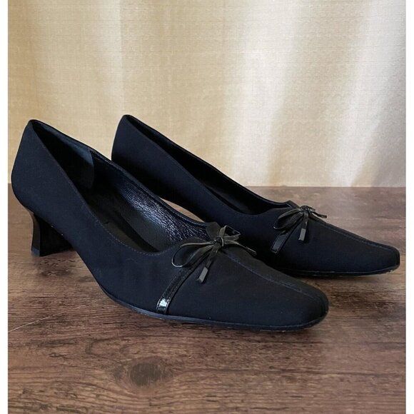 Vintage Van Eli Womens Pump Sz 8N Black Square Toe Bow Spool Heel Preppy Classic - Picture 1 of 8
